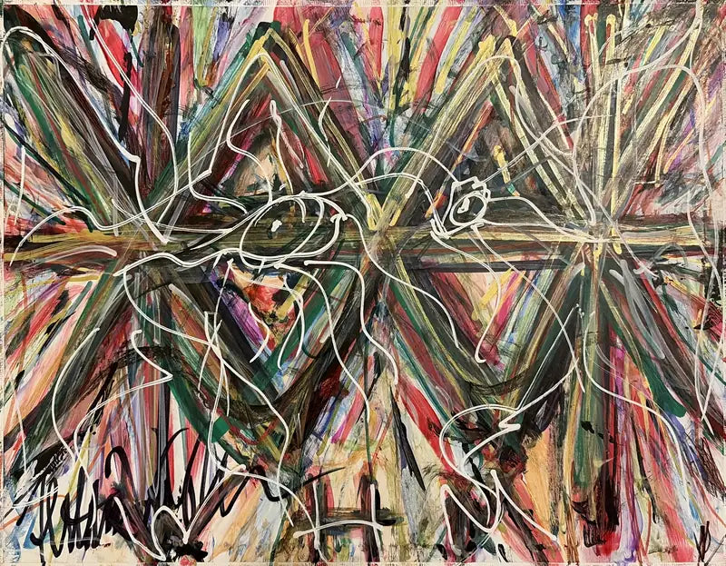 Elephant In the Room: mixed media painting on canvas, radiating multicolored brushstrokes crossed by loose white line drawing